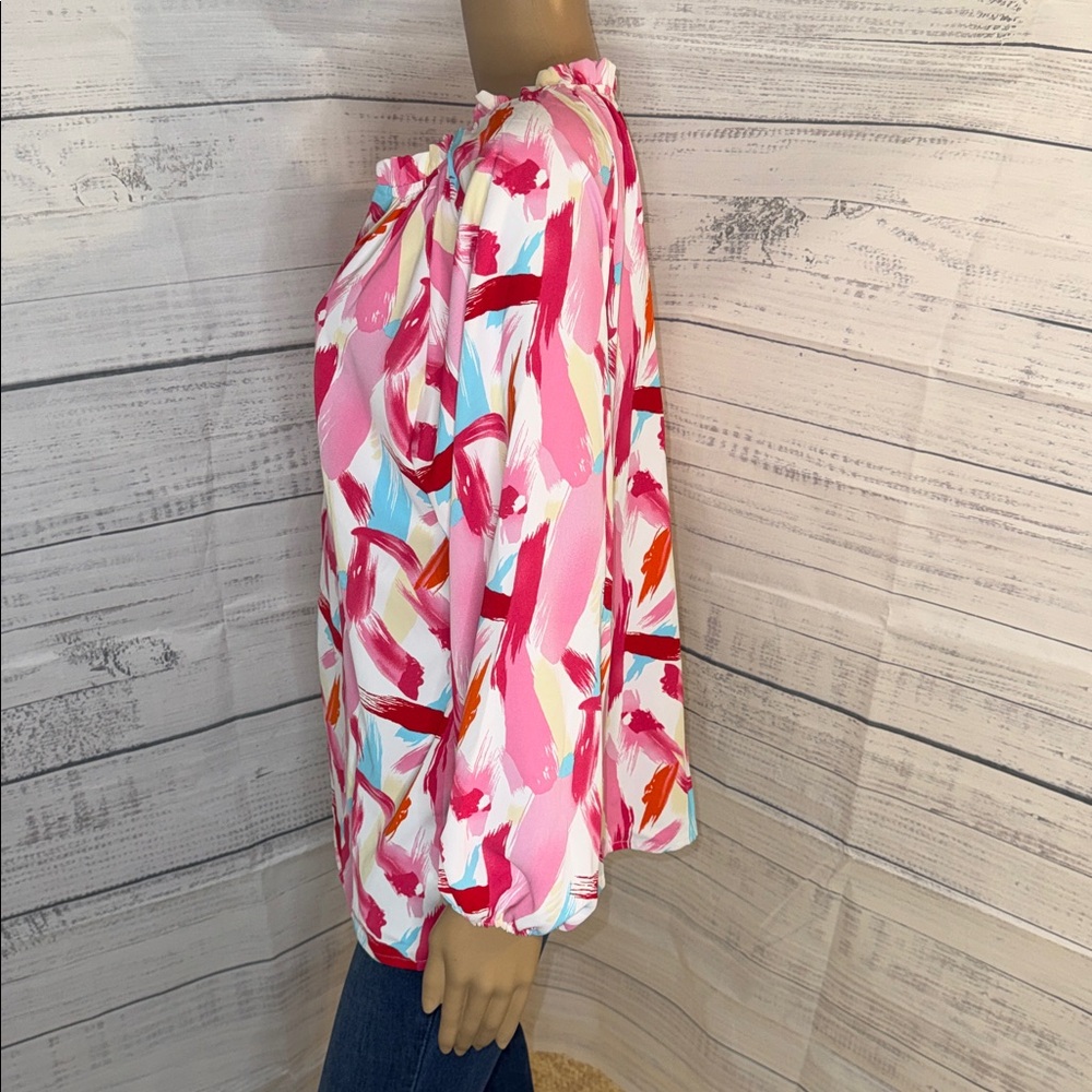 NWOT Pink Abstract Print V-Neck Long Sleeve Women's Top - Picture 5 of 6
